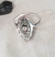 14k white gold mine cut diamond Deco c.20's navette glove shield Ring