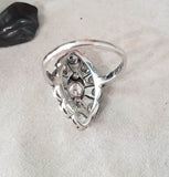 14k white gold mine cut diamond Deco c.20's navette glove shield Ring
