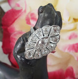 14k white gold mine cut diamond Deco c.20's navette glove shield Ring