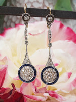 platinum & 18k gold Art Deco diamond and sapphire earrings dangle drops
