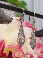 platinum & 18k gold Edwardian old cut diamond filigree lever back earrings
