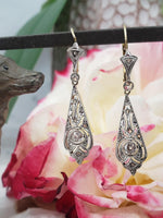 platinum & 18k gold Edwardian old cut diamond filigree lever back earrings