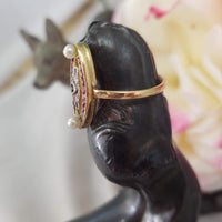 18k gold two tone ruby, sapphire, pearl & rose cut diamond navette ring - red white & blue