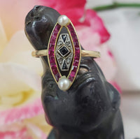 18k gold two tone ruby, sapphire, pearl & rose cut diamond navette ring - red white & blue