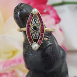 18k gold two tone ruby, sapphire, pearl & rose cut diamond navette ring - red white & blue