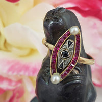 18k gold two tone ruby, sapphire, pearl & rose cut diamond navette ring - red white & blue