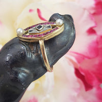 18k gold two tone ruby, sapphire, pearl & rose cut diamond navette ring - red white & blue