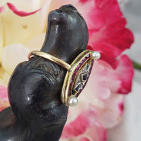 18k gold two tone ruby, sapphire, pearl & rose cut diamond navette ring - red white & blue
