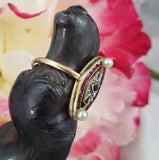 18k gold two tone ruby, sapphire, pearl & rose cut diamond navette ring - red white & blue