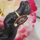 18k gold two tone ruby, sapphire, pearl & rose cut diamond navette ring - red white & blue