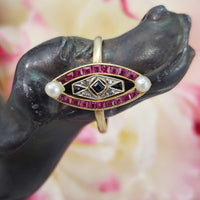 18k gold two tone ruby, sapphire, pearl & rose cut diamond navette ring - red white & blue