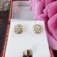14k gold European cut diamond Deco style scroll studs - .49ct tw