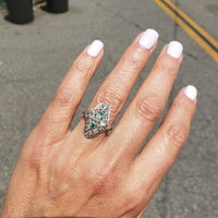 Art Deco c.20's Emerald & Diamond estate filigree glove shield Ring