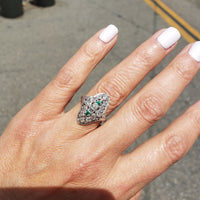 Art Deco c.20's Emerald & Diamond estate filigree glove shield Ring