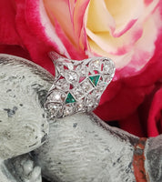Art Deco c.20's Emerald & Diamond estate filigree glove shield Ring