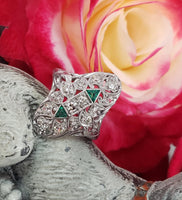 Art Deco c.20's Emerald & Diamond estate filigree glove shield Ring