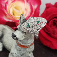 Art Deco c.20's Emerald & Diamond estate filigree glove shield Ring