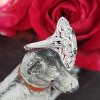 Art Deco c.20's Emerald & Diamond estate filigree glove shield Ring