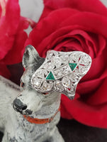 Art Deco c.20's Emerald & Diamond estate filigree glove shield Ring