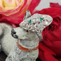 Art Deco c.20's Emerald & Diamond estate filigree glove shield Ring