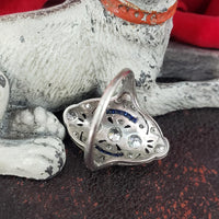 Platinum Diamond & Sapphire estate Art Deco c.20's filigree glove shield Ring
