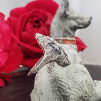 Platinum Diamond & Sapphire estate Art Deco c.20's filigree glove shield Ring