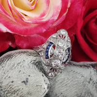 Platinum Diamond & Sapphire estate Art Deco c.20's filigree glove shield Ring