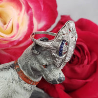 Platinum Diamond & Sapphire estate Art Deco c.20's filigree glove shield Ring