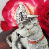 Platinum Diamond & Sapphire estate Art Deco c.20's filigree glove shield Ring