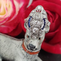 Platinum Diamond & Sapphire estate Art Deco c.20's filigree glove shield Ring