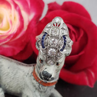 Platinum Diamond & Sapphire estate Art Deco c.20's filigree glove shield Ring
