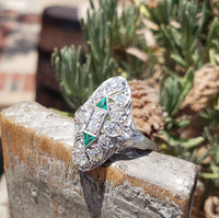 Art Deco c.20's Emerald & Diamond estate filigree glove shield Ring