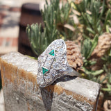 Art Deco c.20's Emerald & Diamond estate filigree glove shield Ring