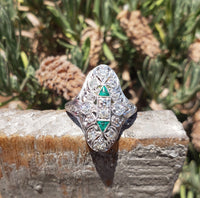 Art Deco c.20's Emerald & Diamond estate filigree glove shield Ring