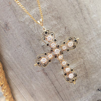 14k yellow gold diamond & enamel CROSS pendant necklace - 1.34ct tw