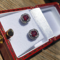 14k white gold Ruby &  Diamond Deco style scroll studs