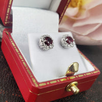 14k white gold Ruby &  Diamond Deco style scroll studs