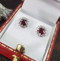 14k white gold Ruby &  Diamond Deco style scroll studs