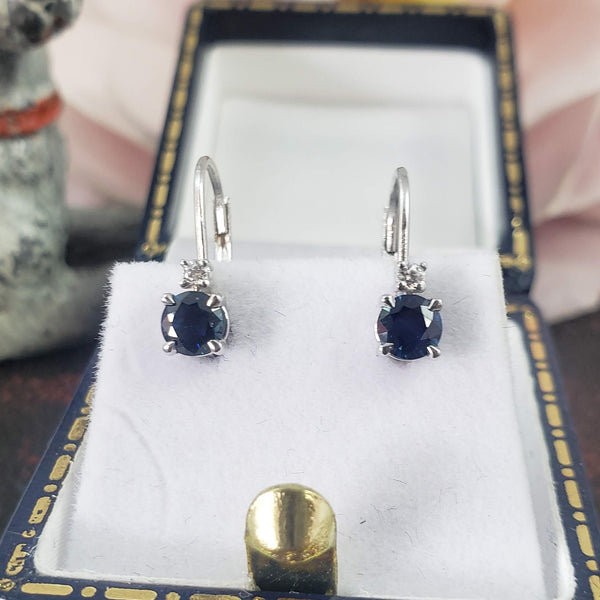 14k white gold Blue Sapphire & Diamond lever back earrings