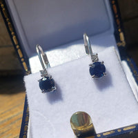 14k white gold Blue Sapphire & Diamond lever back earrings