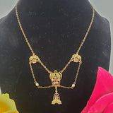 10k gold tri colored floral leaf motif necklace pendant - garnet, foe pearls