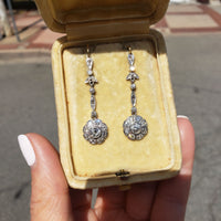 platinum & 18k gold Edwardian old cut diamond filigree lever back earrings