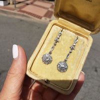 platinum & 18k gold Edwardian old cut diamond filigree lever back earrings