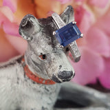 Platinum emerald cut blue sapphire & diamond estate ring