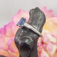 Platinum emerald cut blue sapphire & diamond estate ring