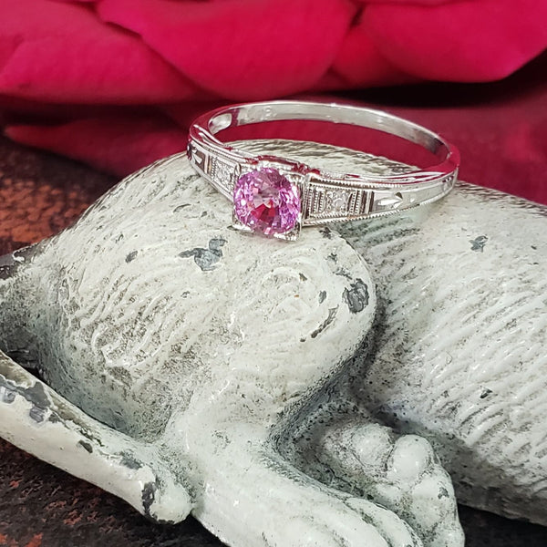 18k white gold pink sapphire & diamond estate Deco Ring