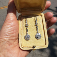 platinum & 18k gold Edwardian old cut diamond filigree lever back earrings