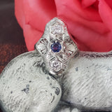 18k white gold Diamond & Sapphire estate Art Deco filigree glove shield Ring