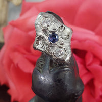 18k white gold Diamond & Sapphire estate Art Deco filigree glove shield Ring