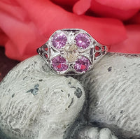 18k white gold pink tourmaline & mine cut diamond filigree Ring